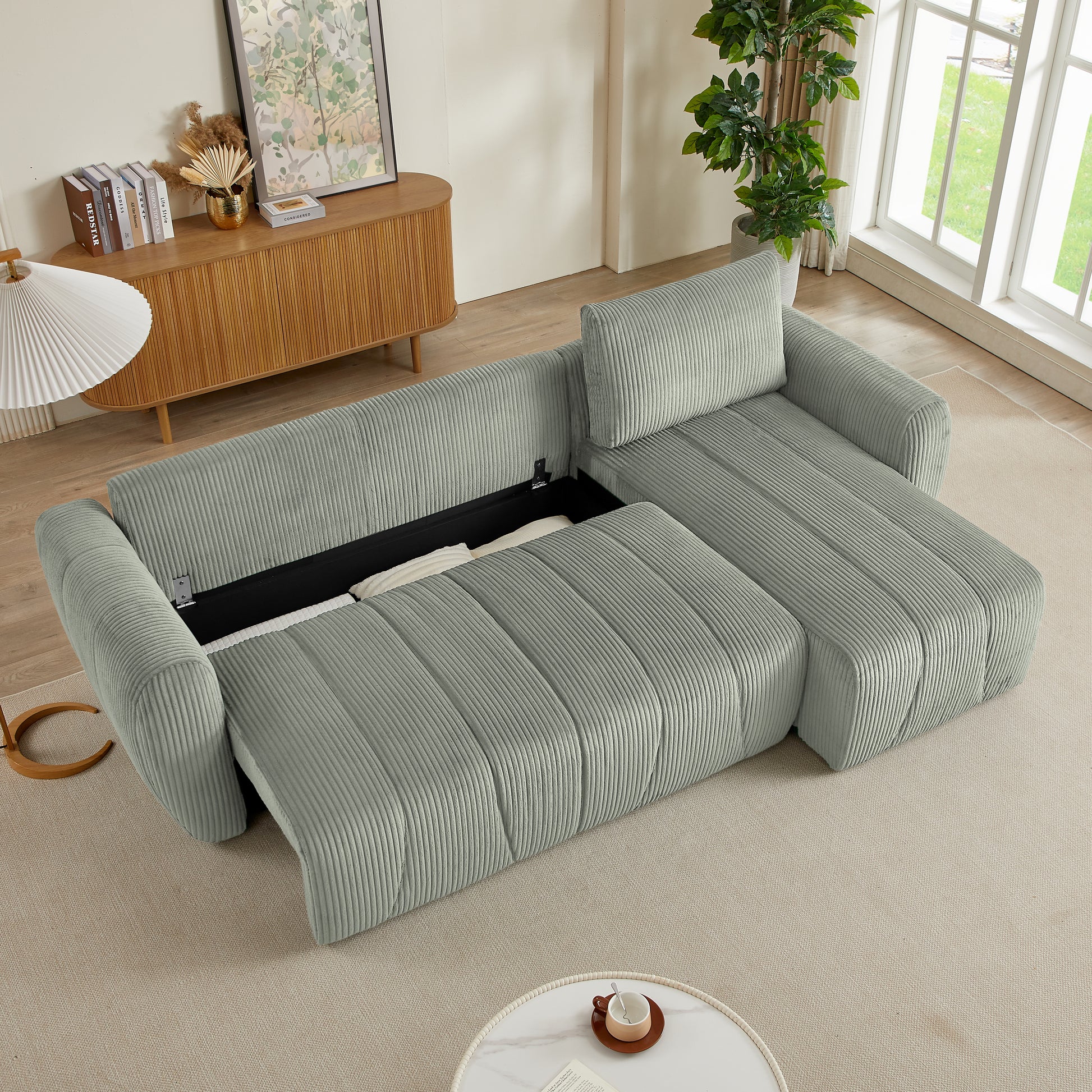 Light grey corduroy sectional sofa with open storage compartment modern living room furniture