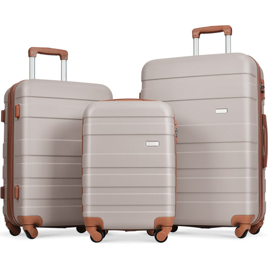 Set of three hardside travel luggage in taupe with brown accents featuring spinner wheels and retractable handles