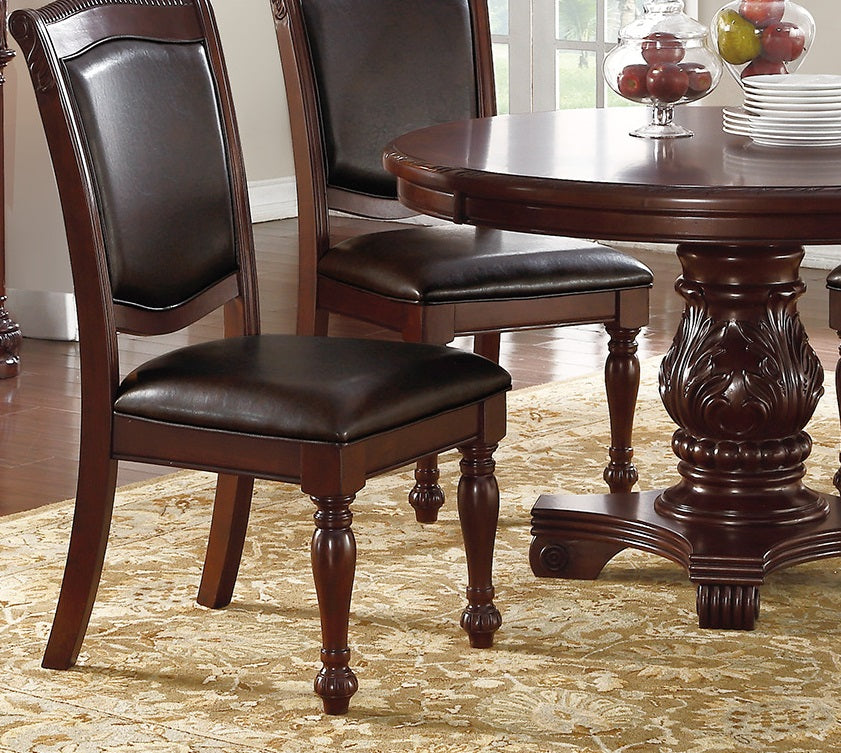 Traditional dark brown upholstered dining chair with carved wood accents