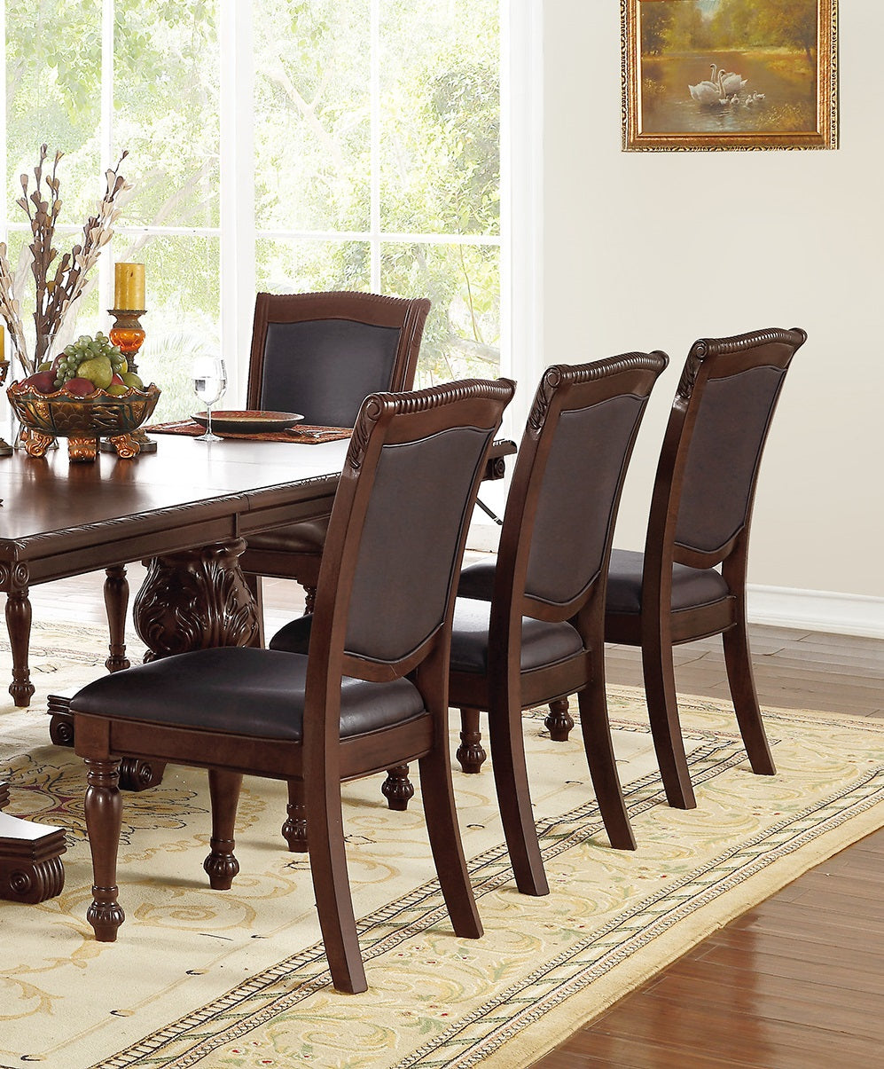 Dark brown wooden dining chair with tufted faux leather seat