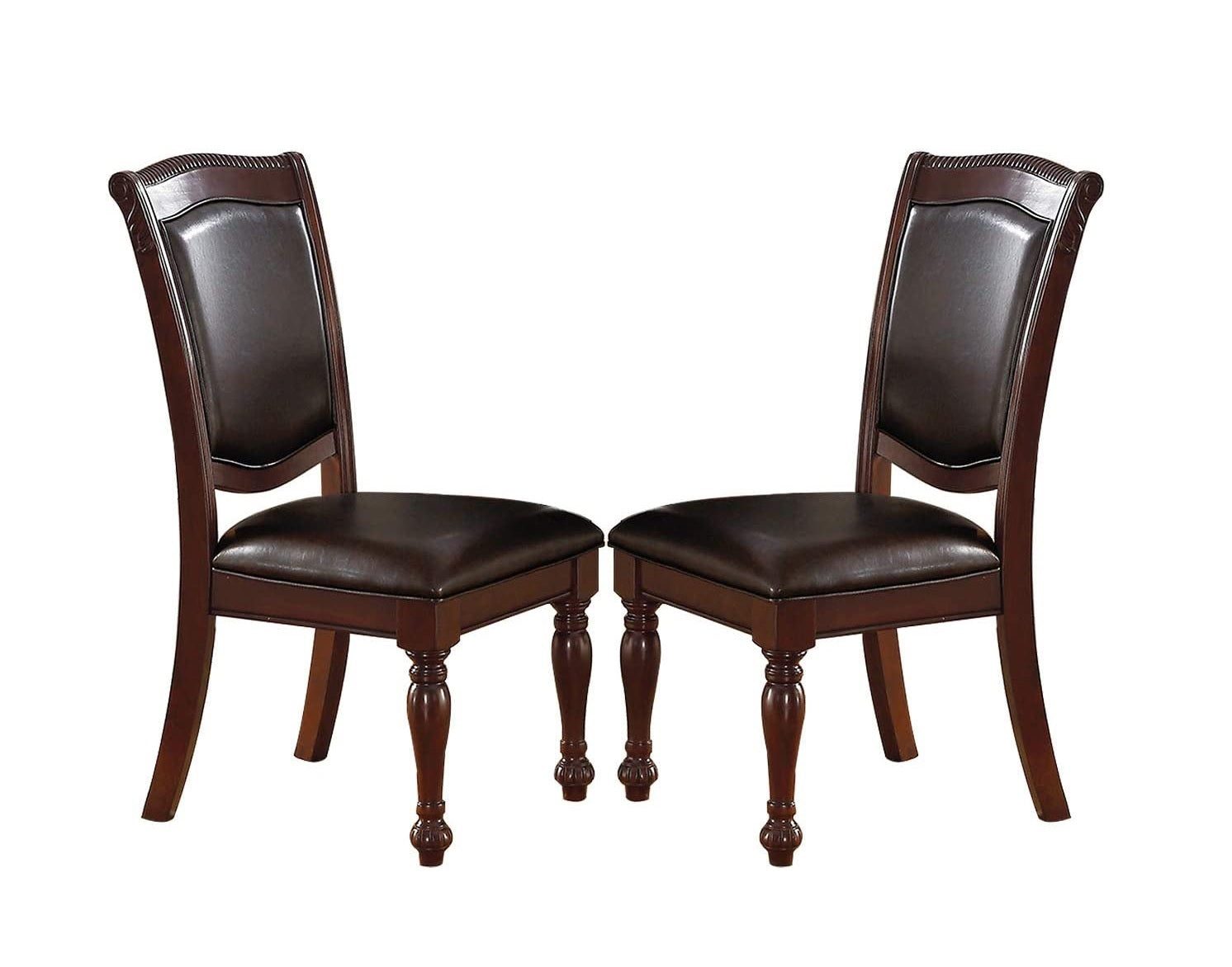 Dark brown upholstered dining chairs with carved wood details and turned legs