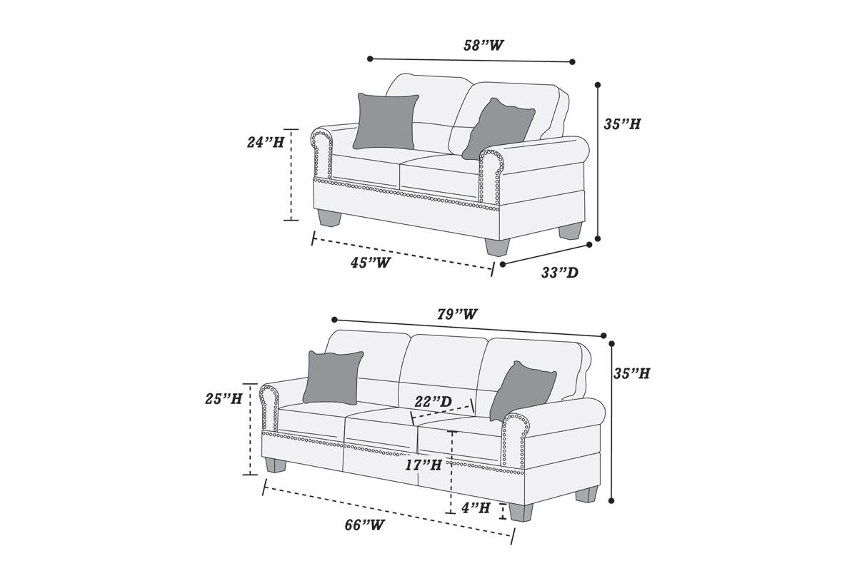 Diagram showing dimensions for a inch wide loveseat with button tufting details and gray cushions