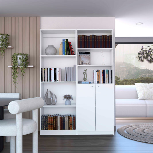 Tall white bookcase with open shelves displaying books vases and plants