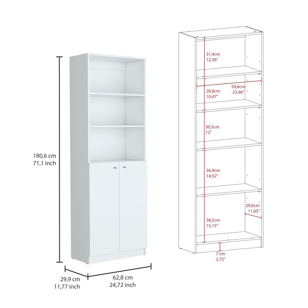 White tall storage bookcase with two lower doors and three open shelves
