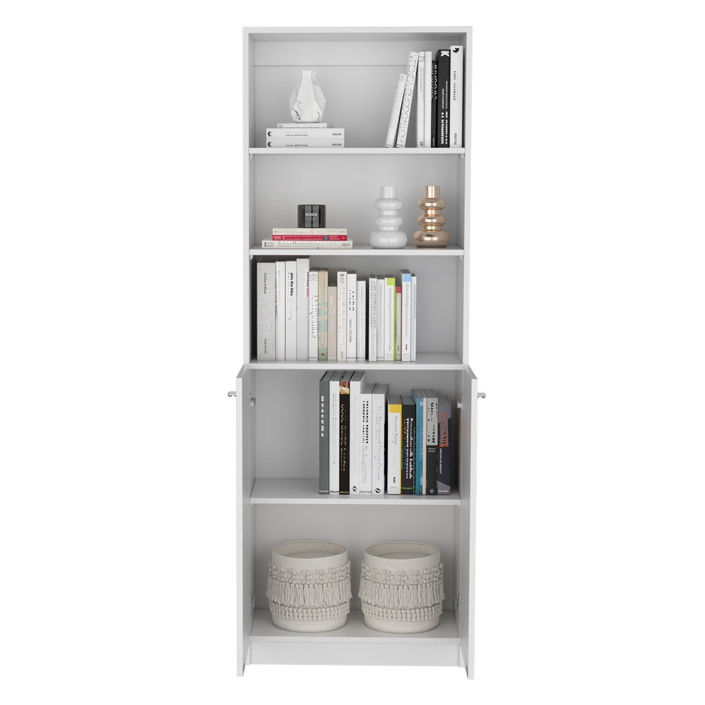 White modern bookshelf with decorative items and books