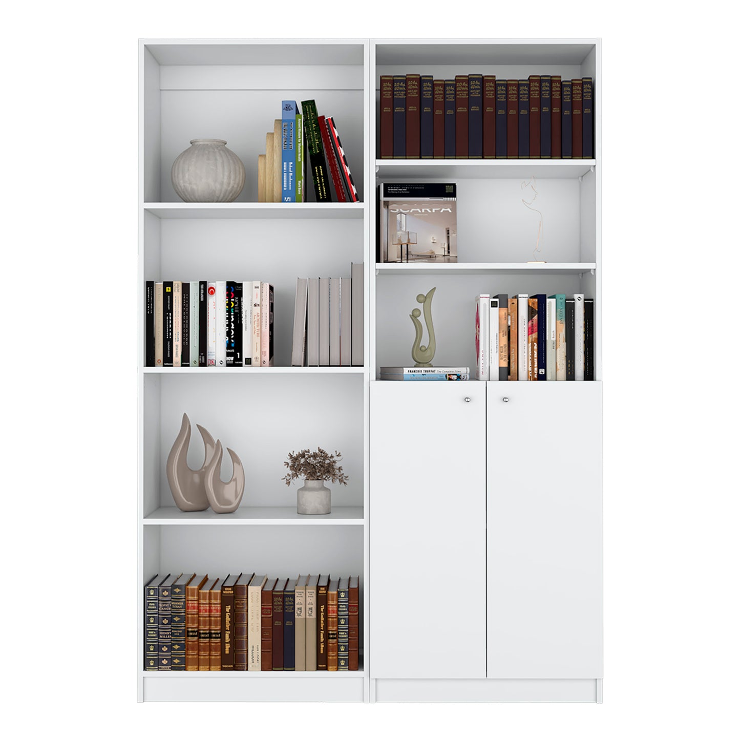Tall white bookshelf filled with various books and decorative items