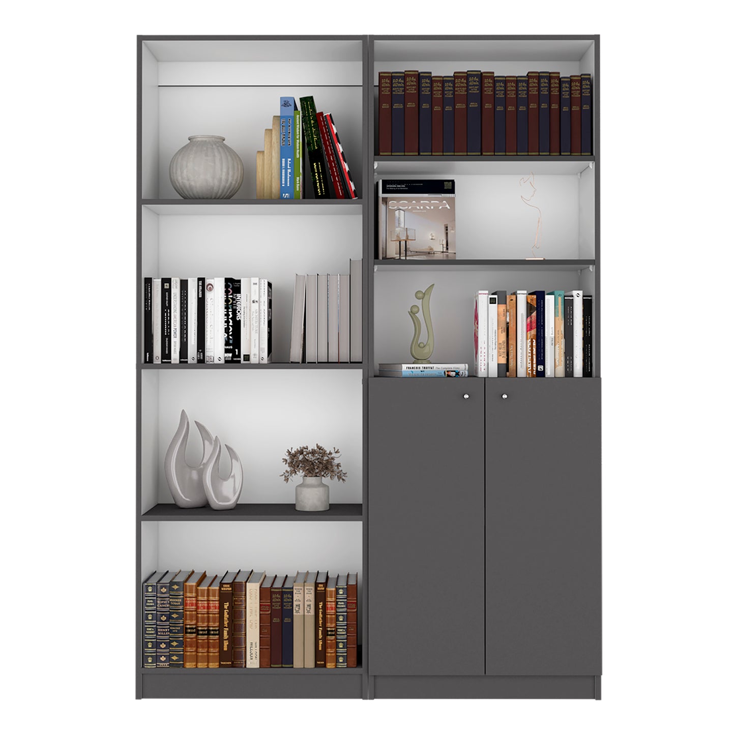 Modern grey bookshelf filled with decorative books and vases