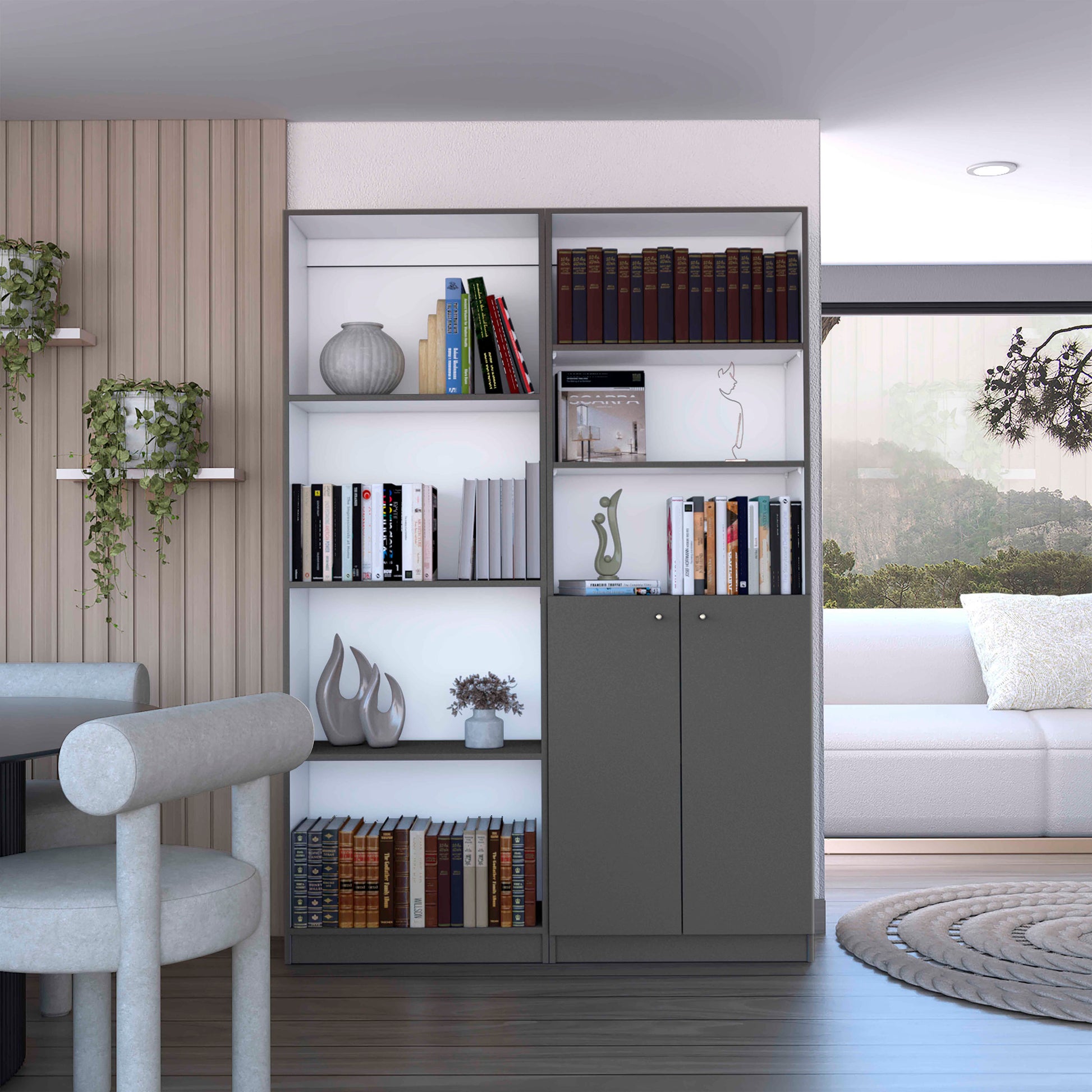 Modern gray bookshelf with two cabinet doors and open shelves filled with books