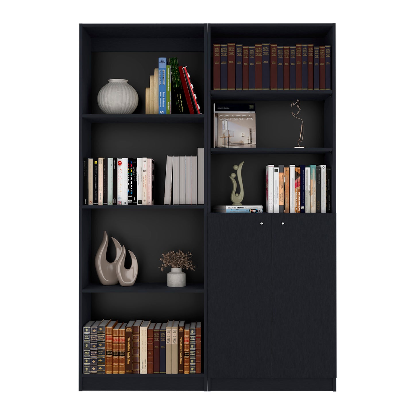 Black modern bookshelf unit with varied books and decorative vases on shelves