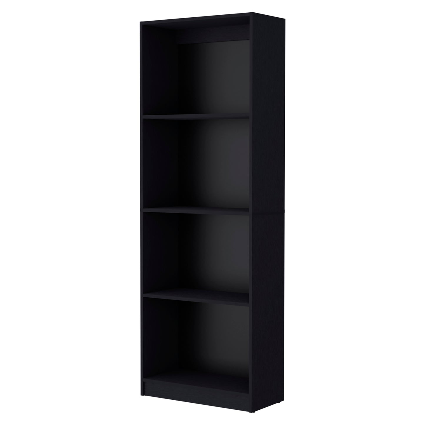 Tall narrow black bookshelf with four open shelves for storage