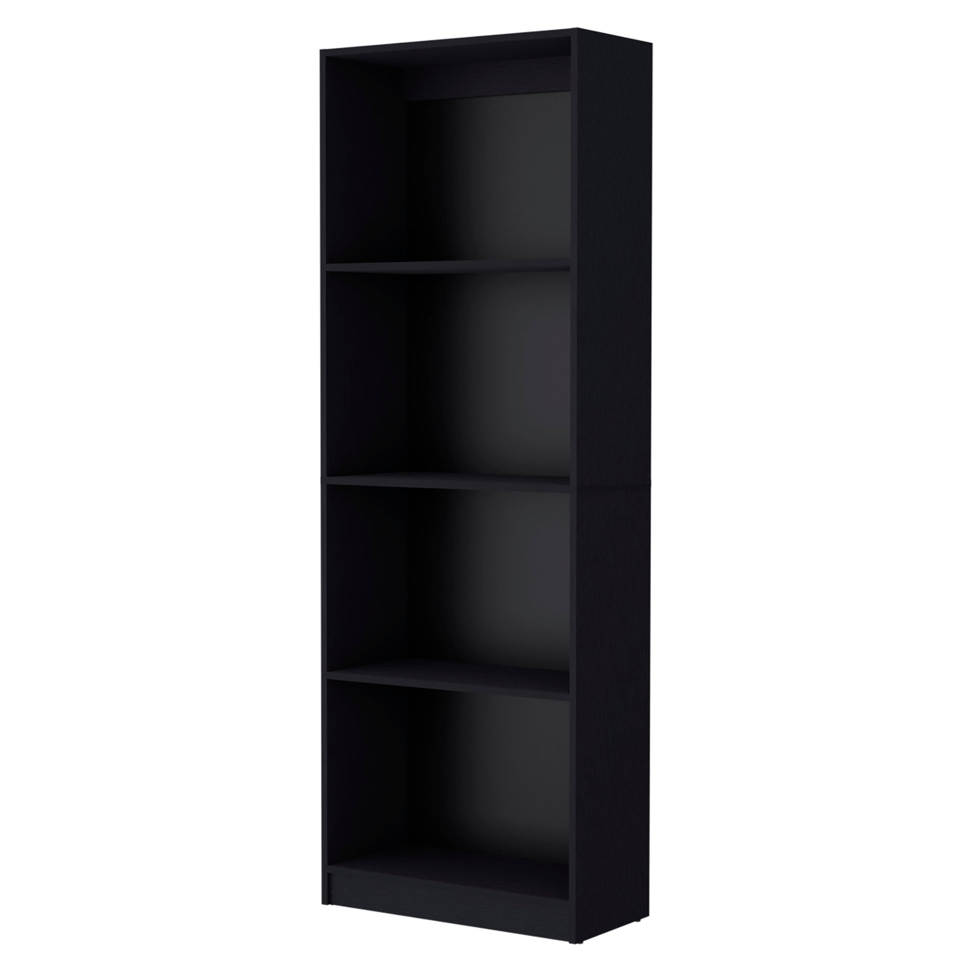 Tall narrow black bookshelf with four open shelves for storage