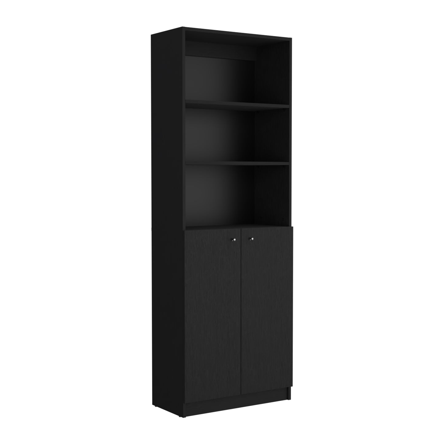Tall black bookcase with two doors and three open shelves for storage