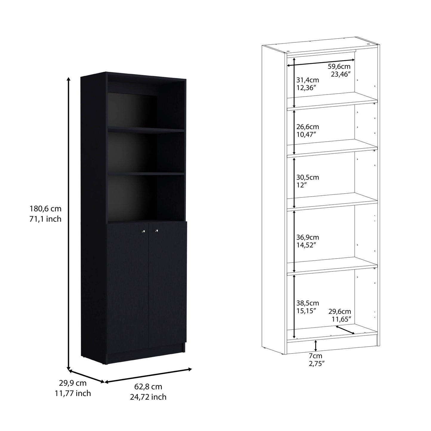 Black tall bookshelf with two doors and open shelves dimensions xxcm
