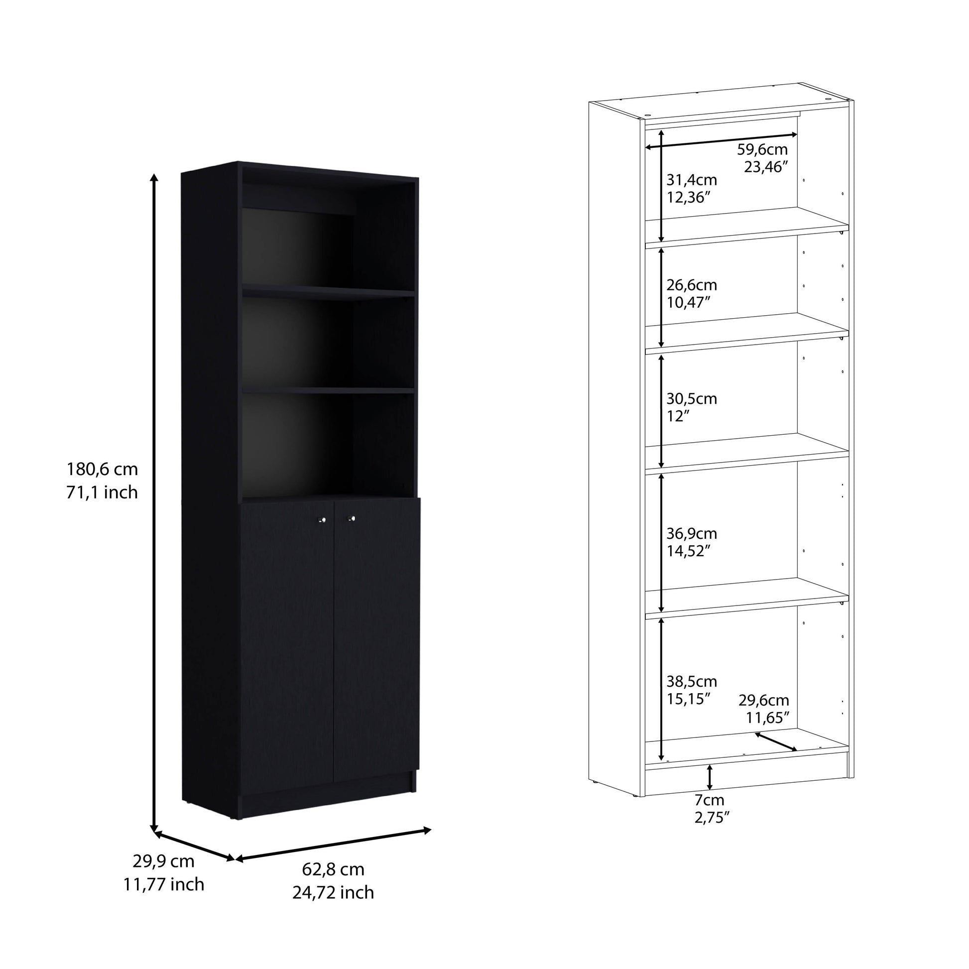 Black tall bookshelf with two doors and open shelves dimensions xxcm