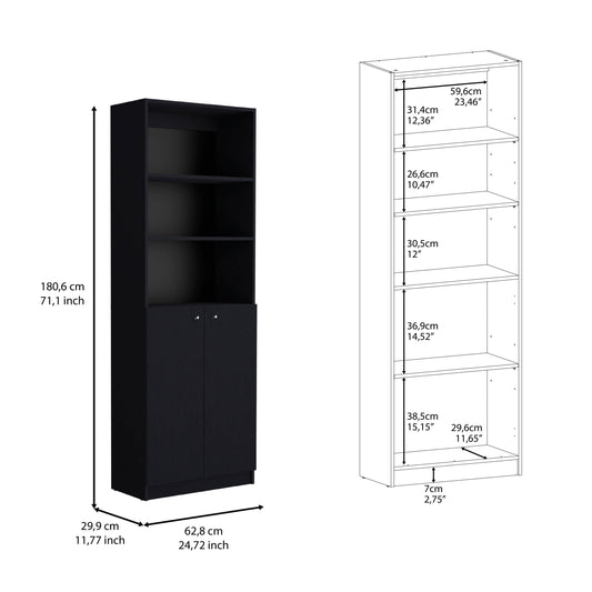 Black tall bookshelf with two doors and open shelves dimensions xxcm