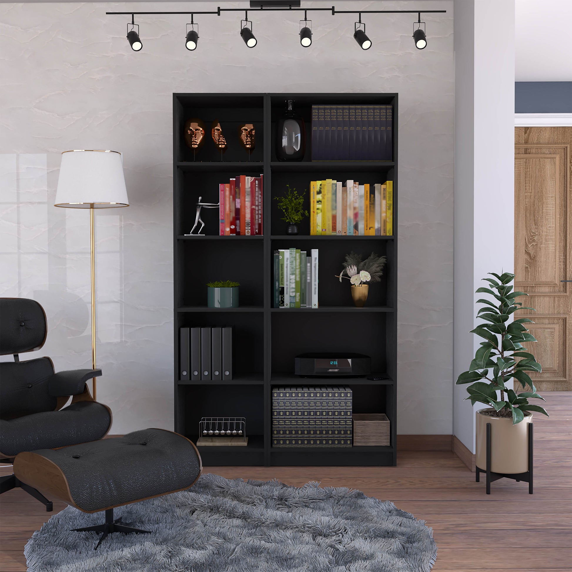 Black leather recliner and ottoman set on a plush grey rug