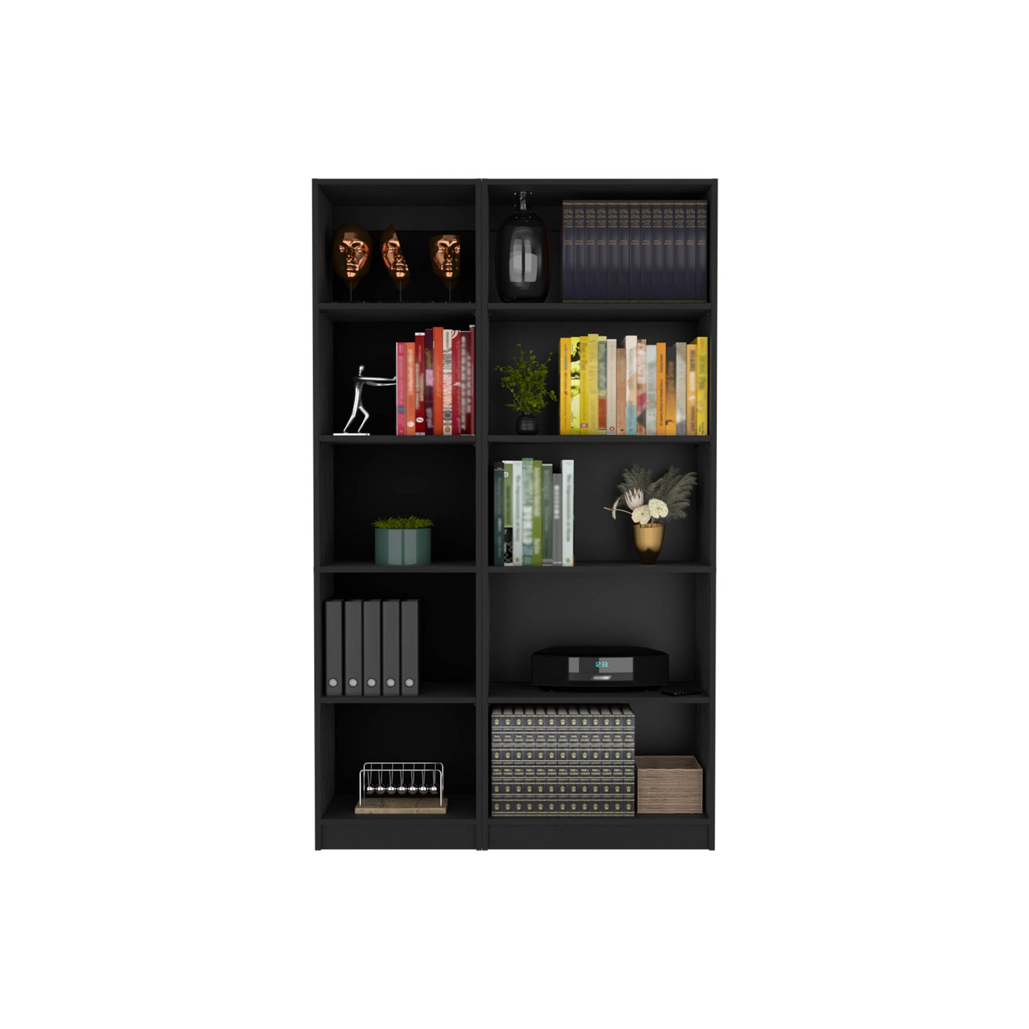 Black modern bookshelf with decorative items and books