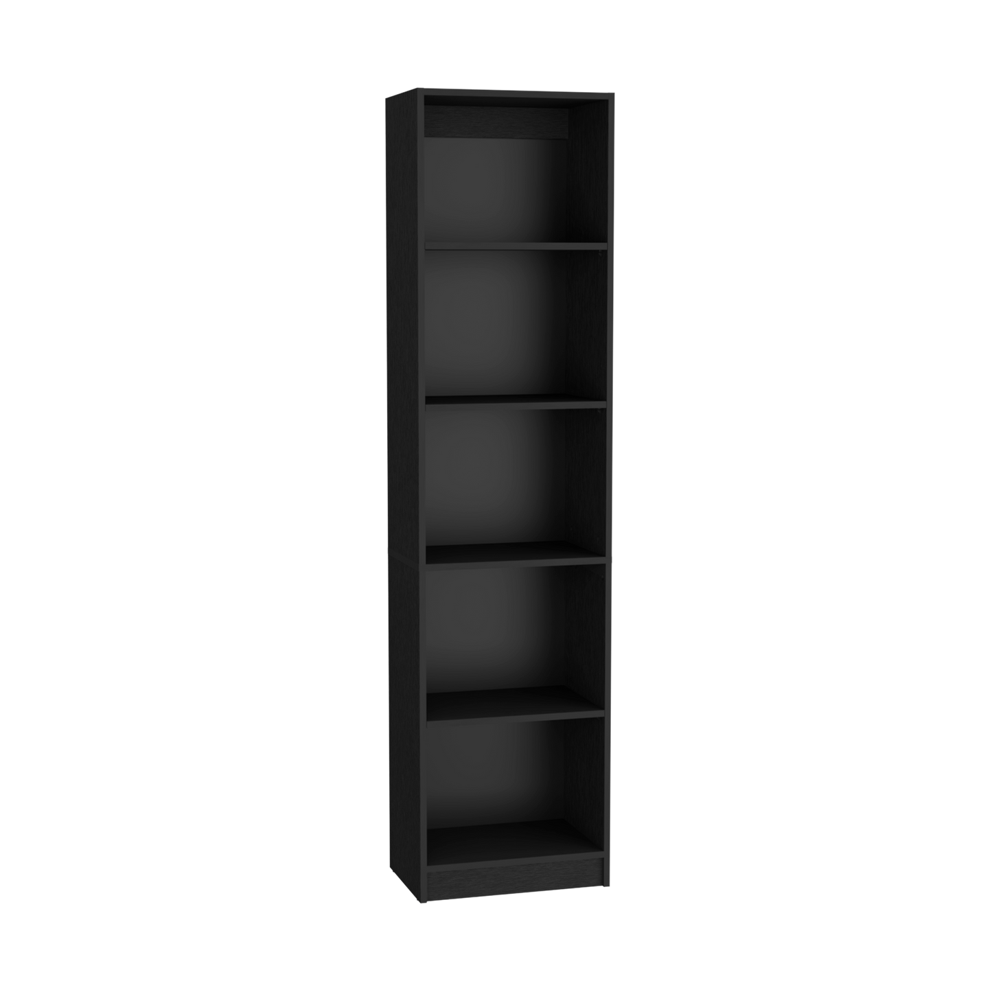 Tall black bookshelf with five open shelves for book storage