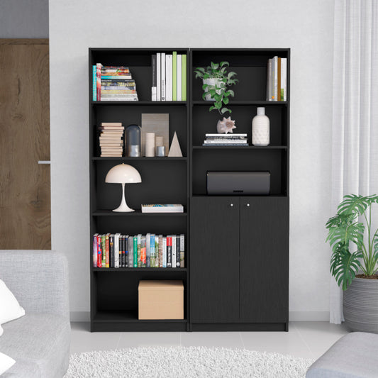 Black modern bookshelf with books and decorative items on shelves