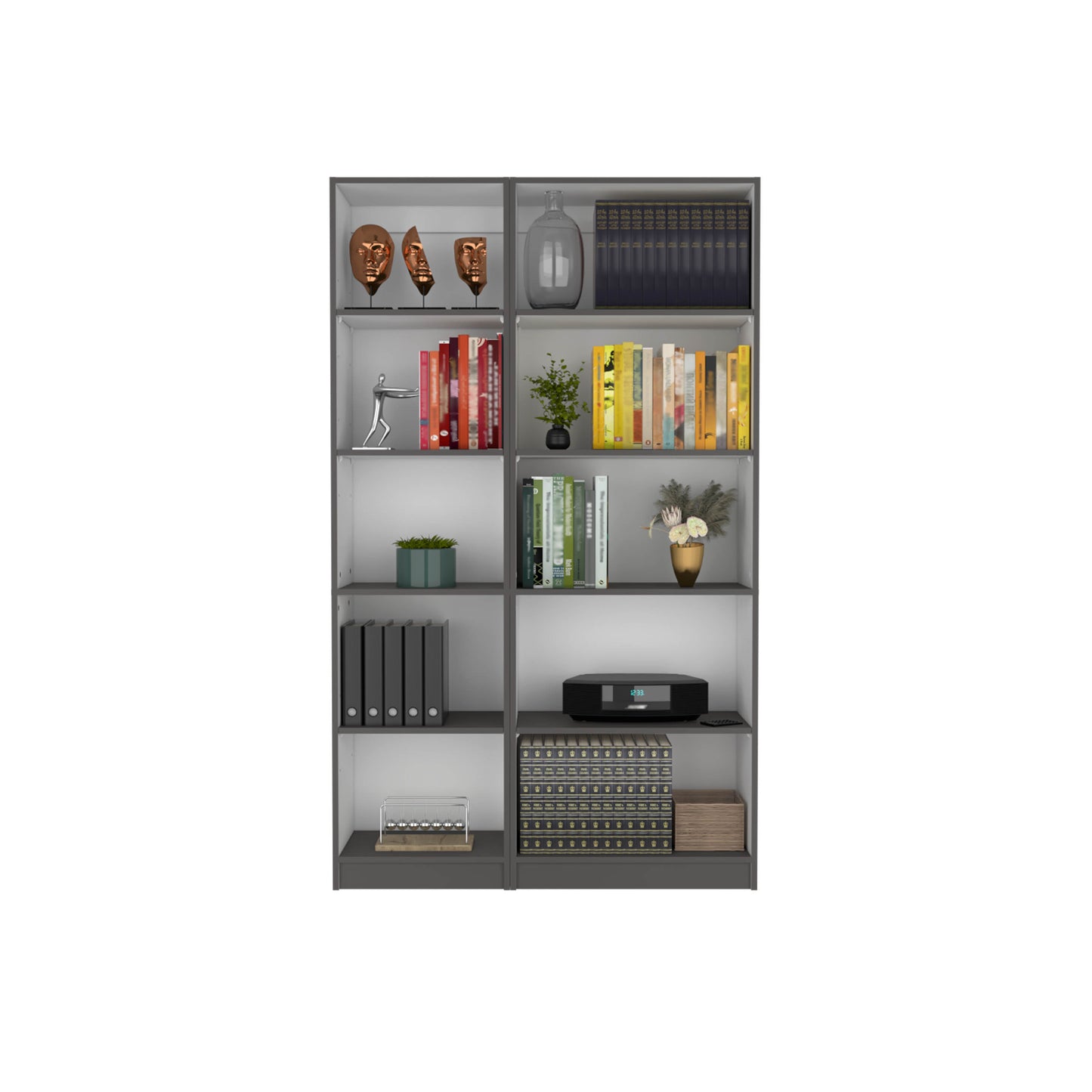 Bronze mask sculptures displayed on a modern grey bookshelf shelf