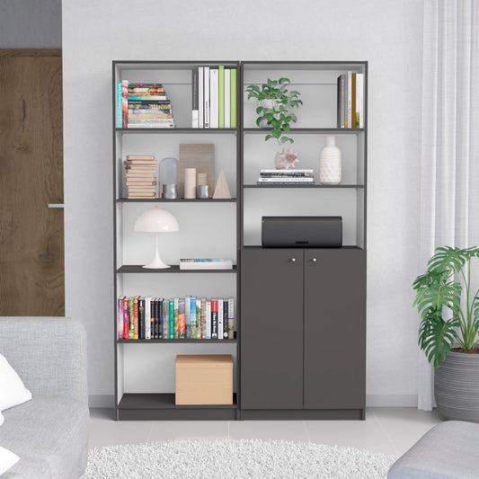 Modern gray open bookshelf with various books decor and a plant