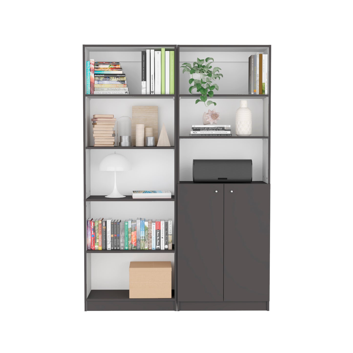 Modern gray modular bookshelf with assorted books and decor items