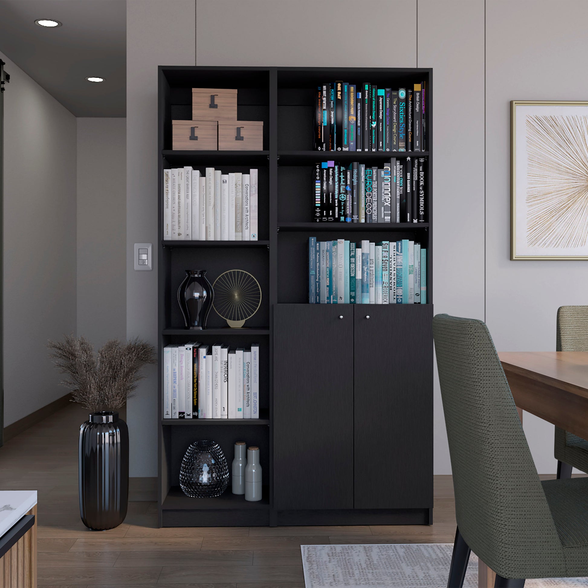 Dark grey modern bookshelf with open shelves and cabinet doors
