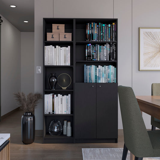 Dark grey modern bookshelf with open shelves and cabinet doors