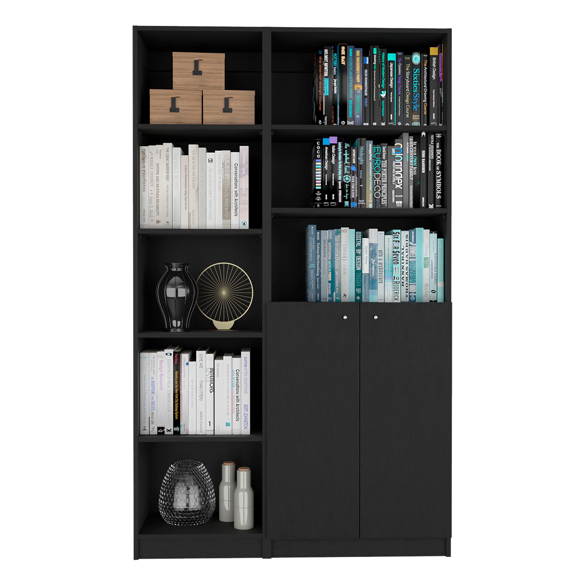 Black modern bookshelf with a variety of books and decorative items including wooden boxes a black vase and a gold geometric sculpture
