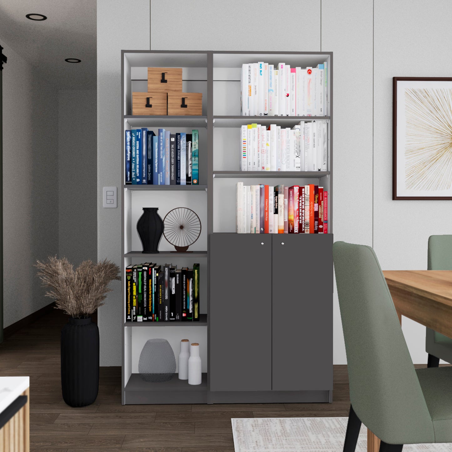 Modern gray bookcase with adjustable shelves filled with colorful books and decorative items