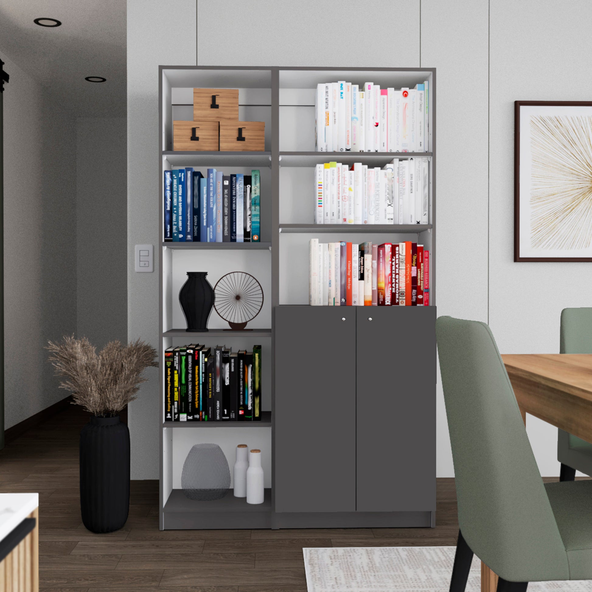 Modern gray bookcase with adjustable shelves filled with colorful books and decorative items
