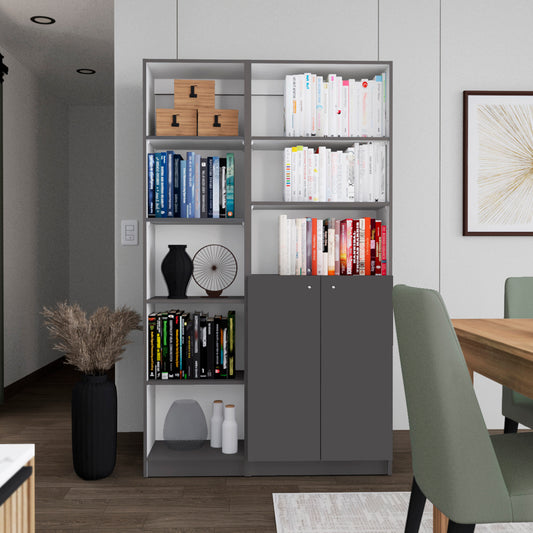Modern gray bookcase with adjustable shelves filled with colorful books and decorative items