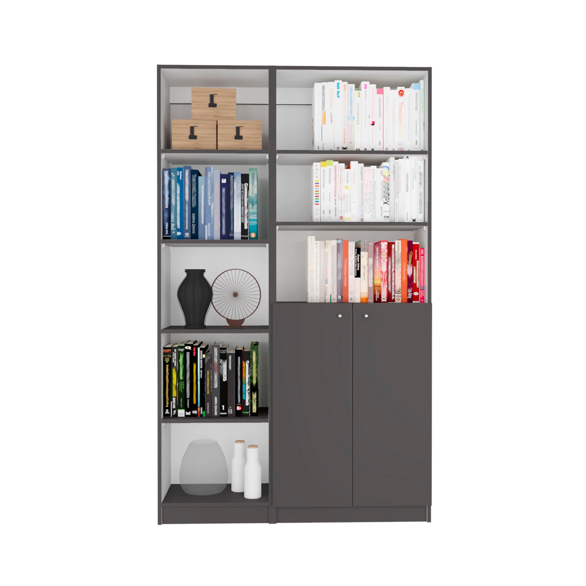 Dark grey modern bookshelf with assorted books and decorative items