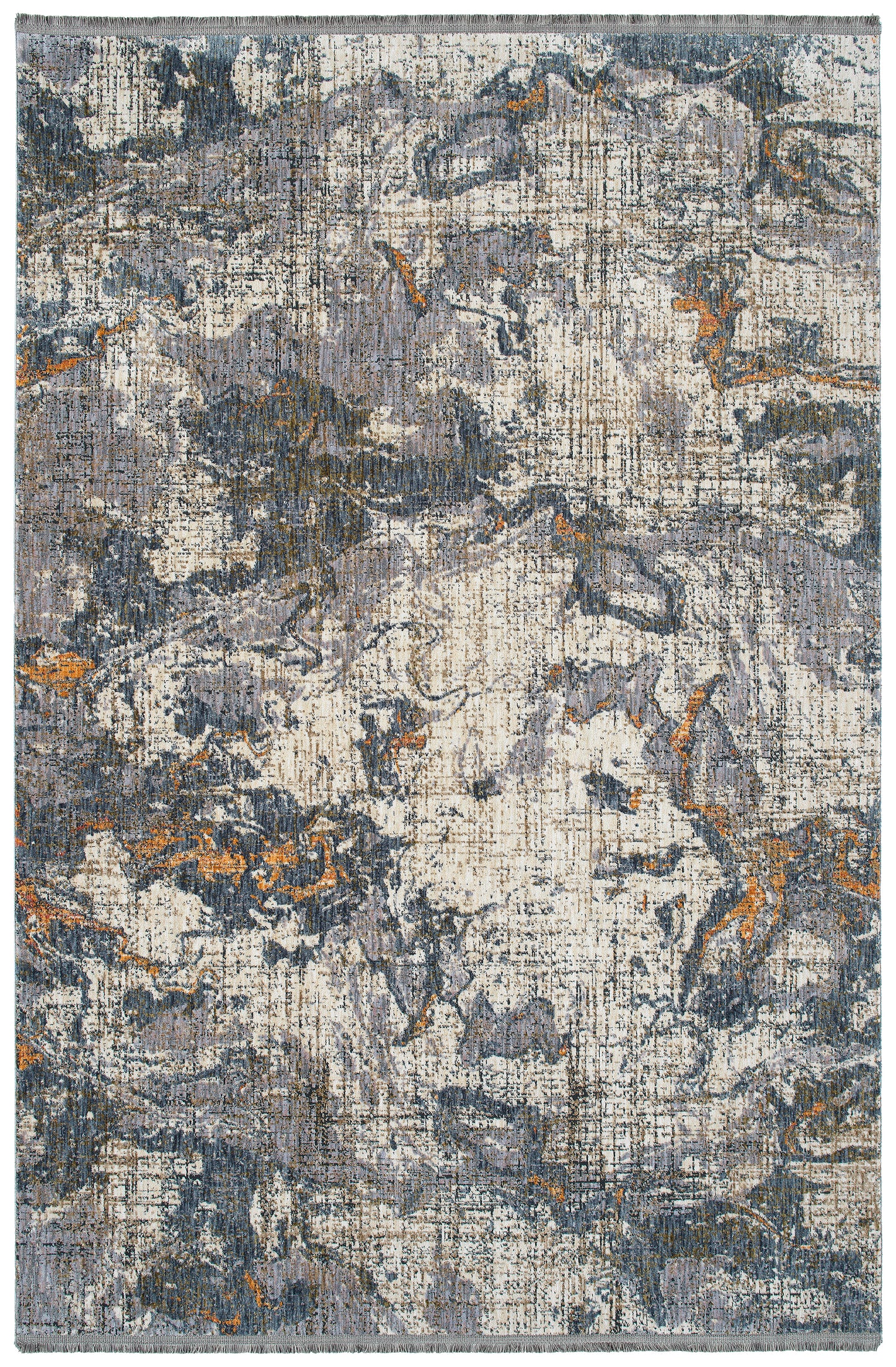 Abstract grey and beige distressed rug with hints of orange and dark blue threads