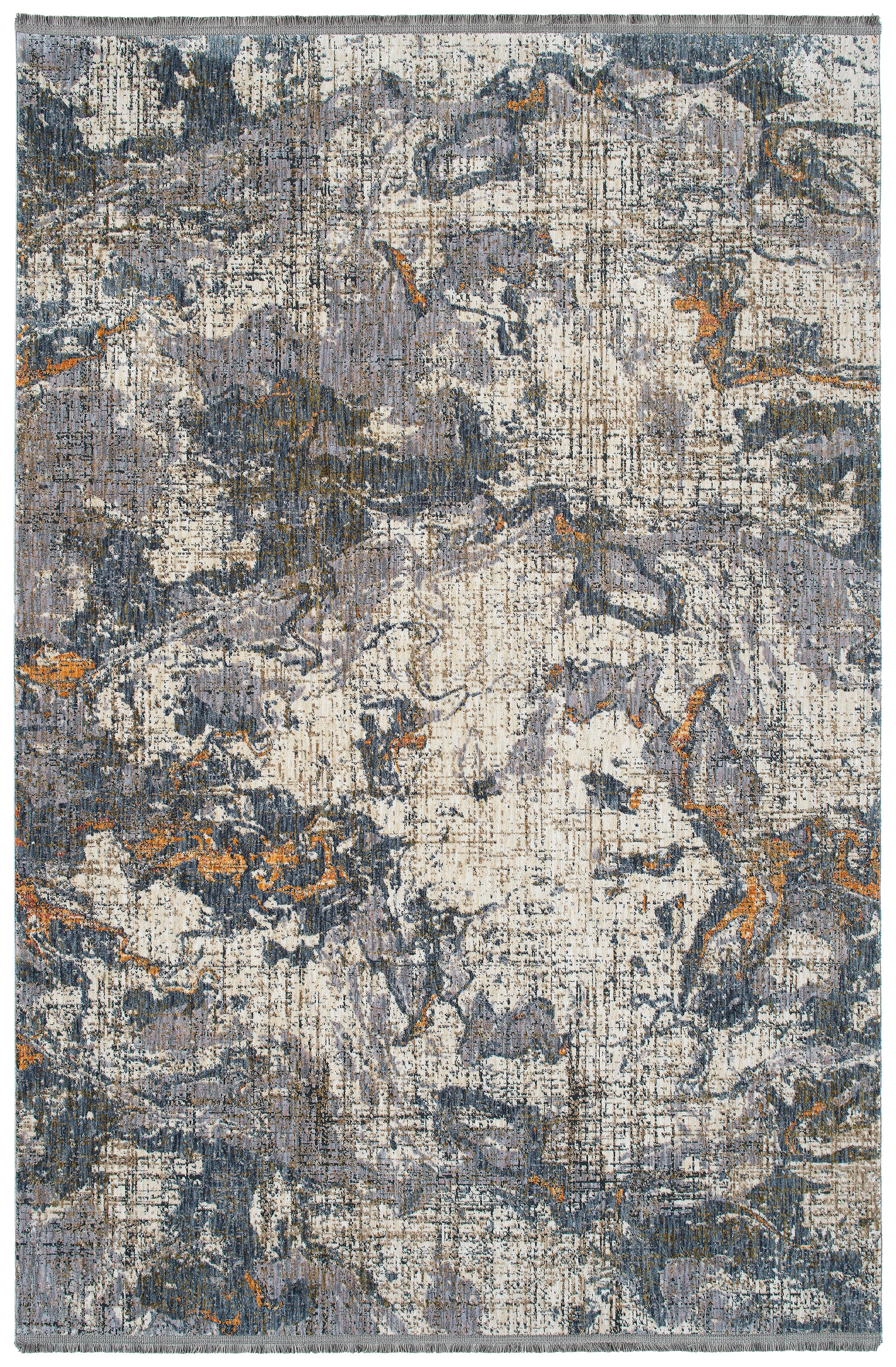 Abstract grey and beige distressed rug with hints of orange and dark blue threads