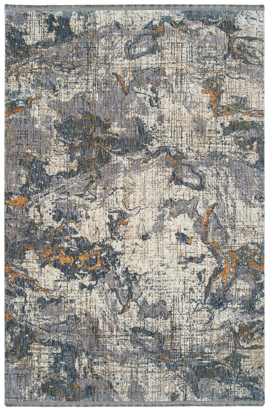 Abstract grey and beige distressed rug with hints of orange and dark blue threads