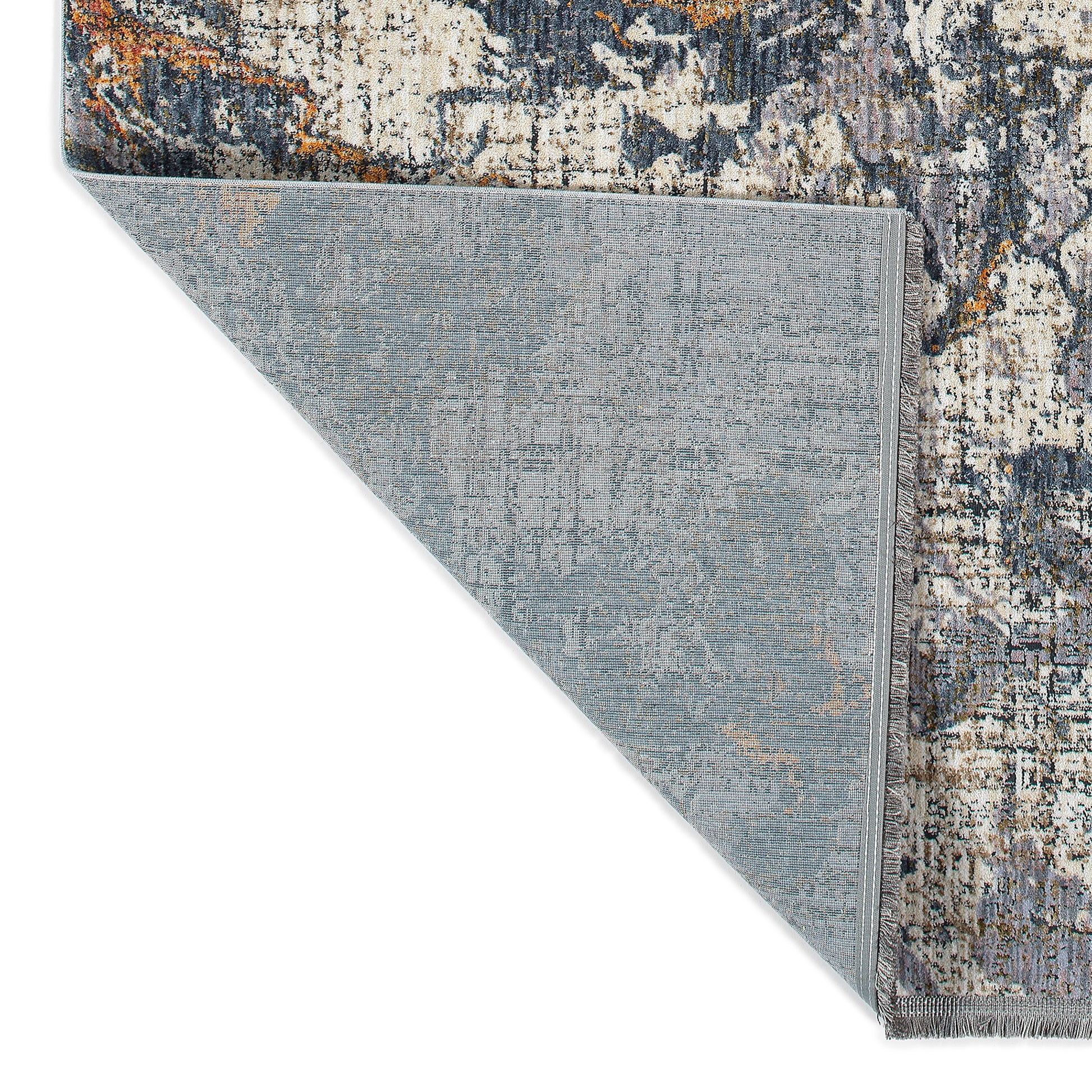 Modern abstract area rug with distressed gray cream and rust design elements