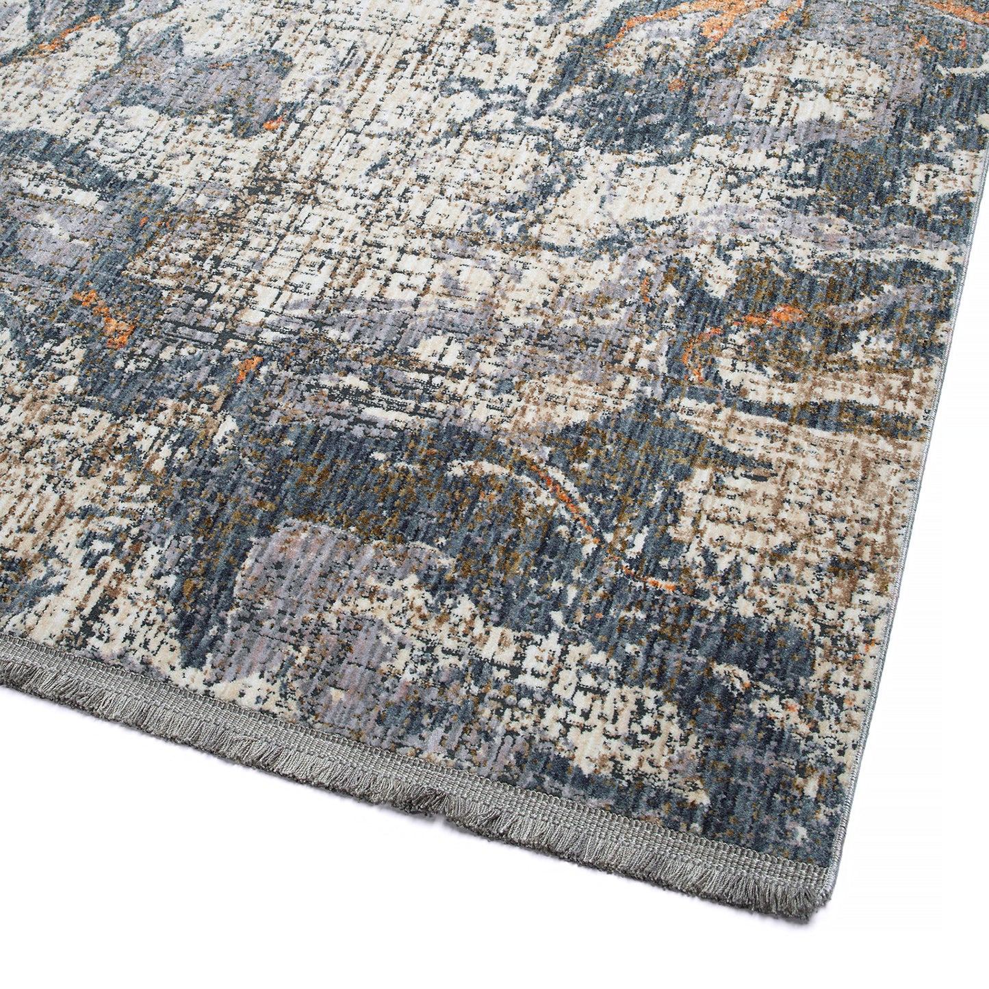 Abstract design rug in gray beige and orange tones with distressed texture for modern living rooms