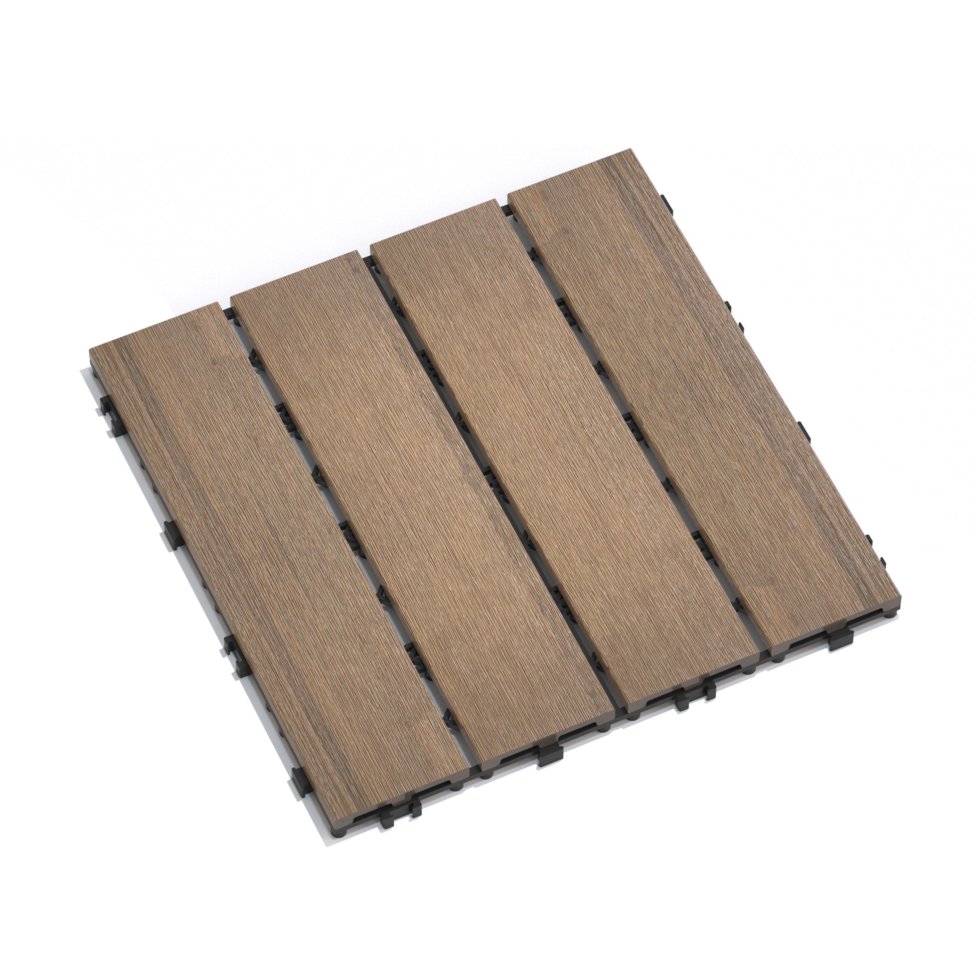 Wood grain composite deck tiles in brown easy to install patio flooring