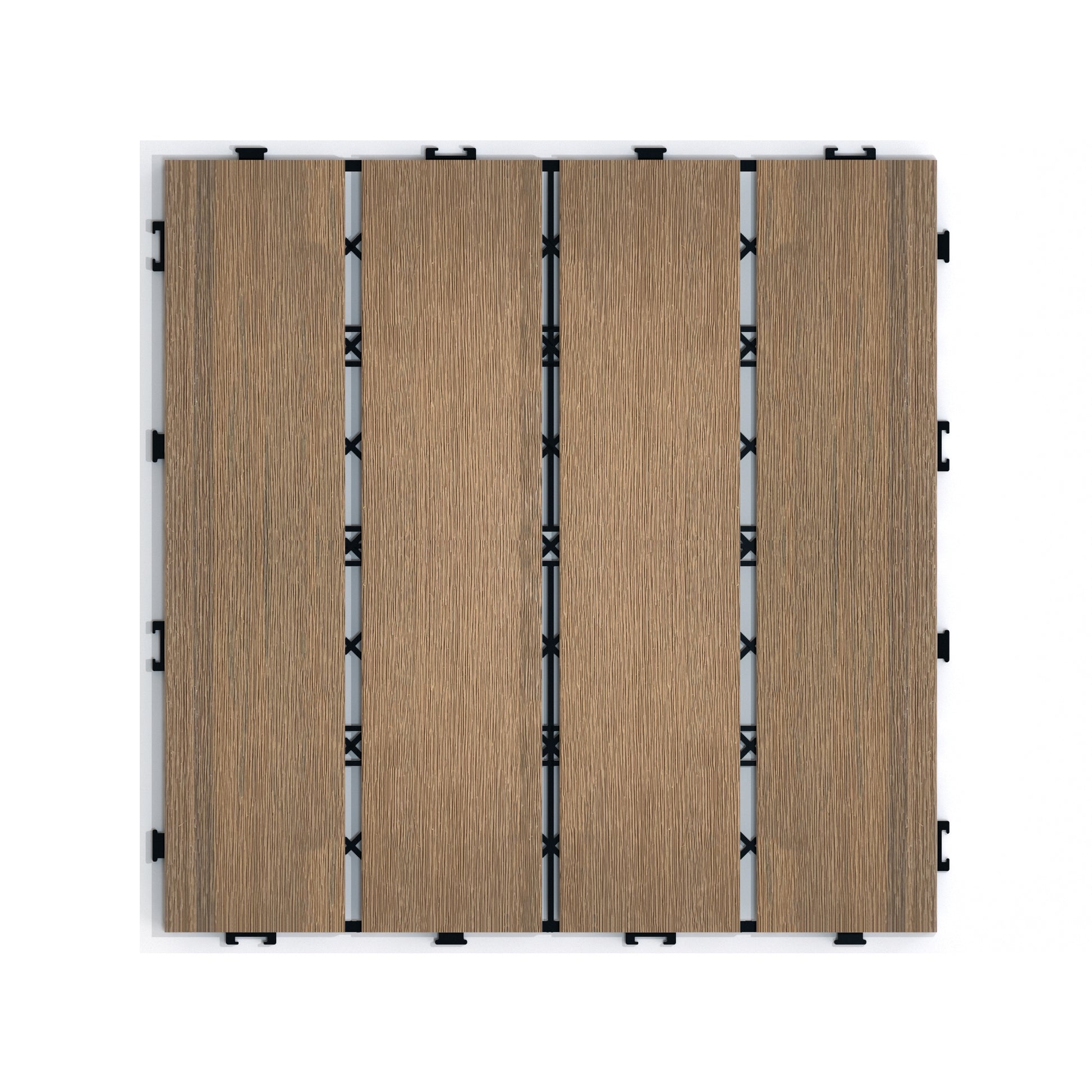 Rustic oak wood composite decking tiles with interlocking connectors for outdoor patios