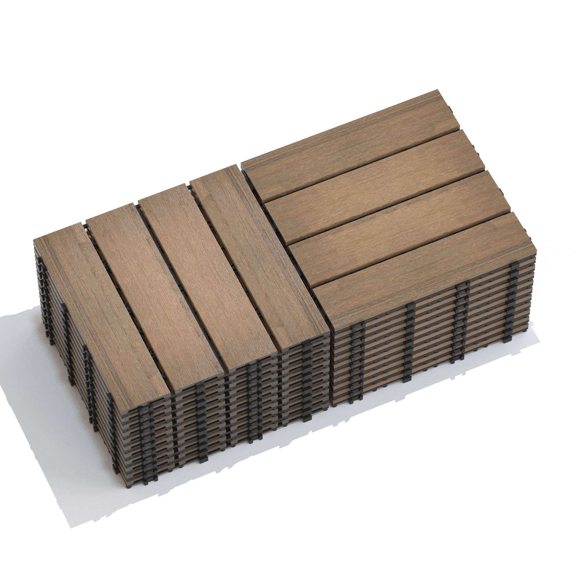 Stacked brown composite decking tiles with interlocking black bases