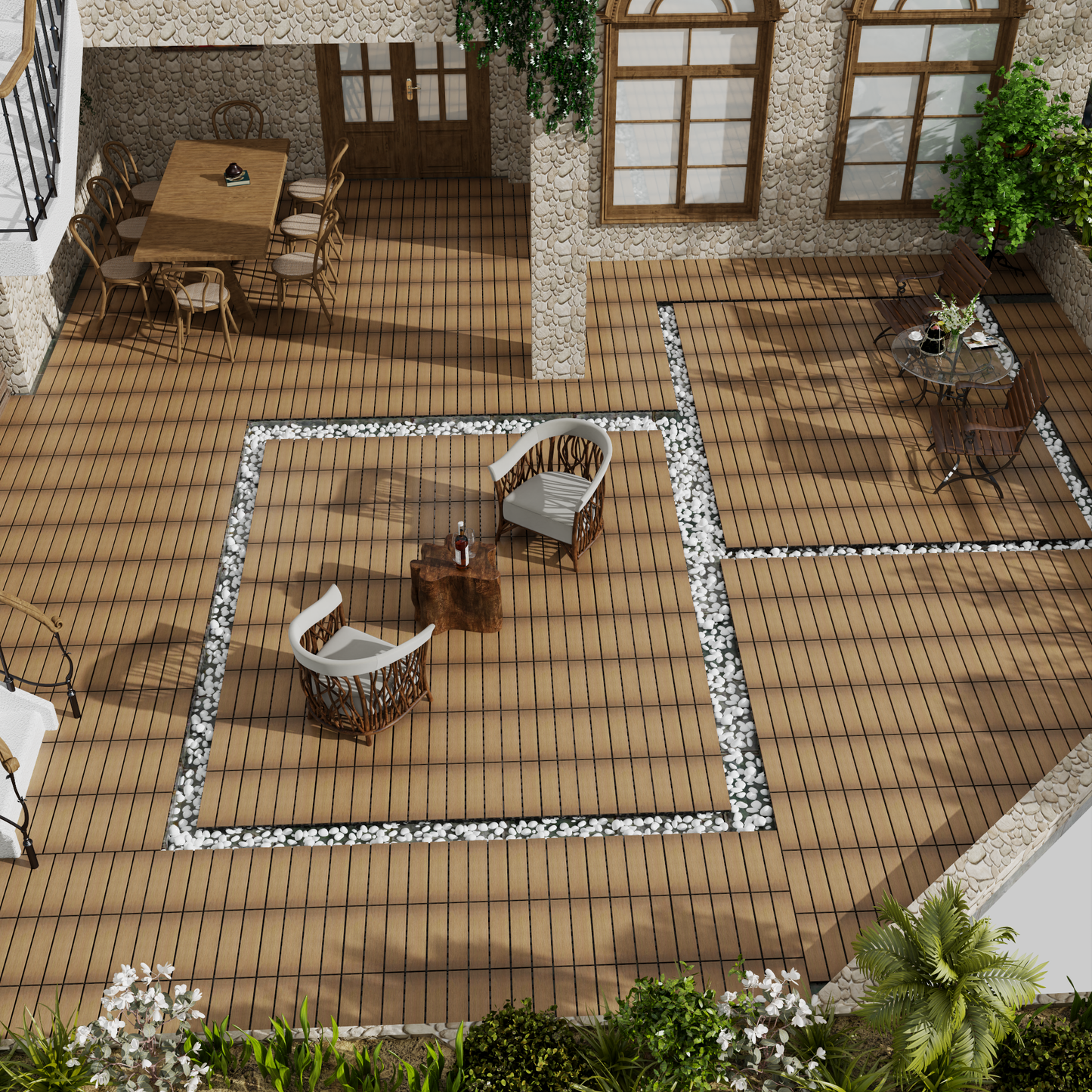 Wood dining table with eight chairs on a patio perfect for outdoor gatherings