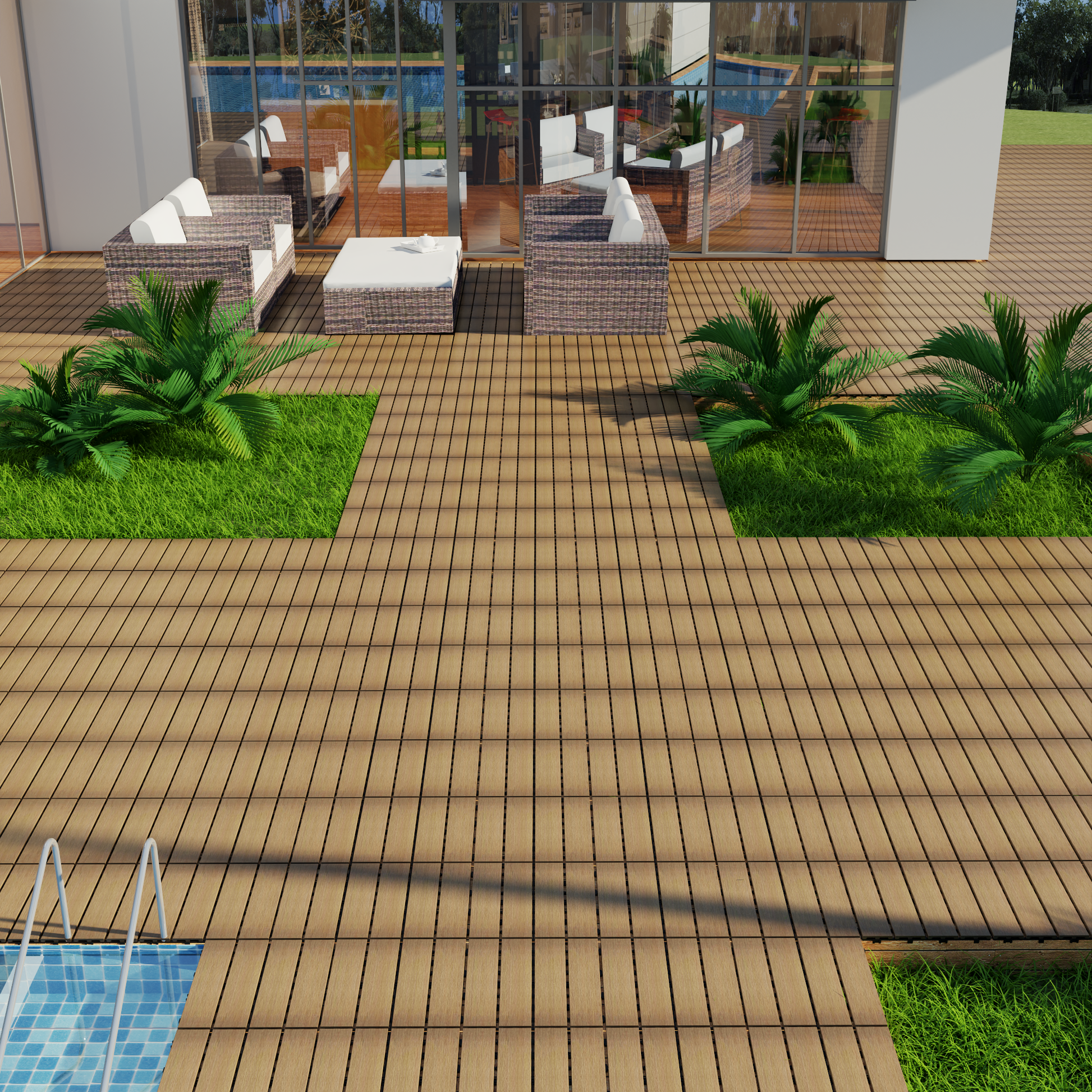 Wicker patio sofa with white cushions and a low coffee table on a wooden deck