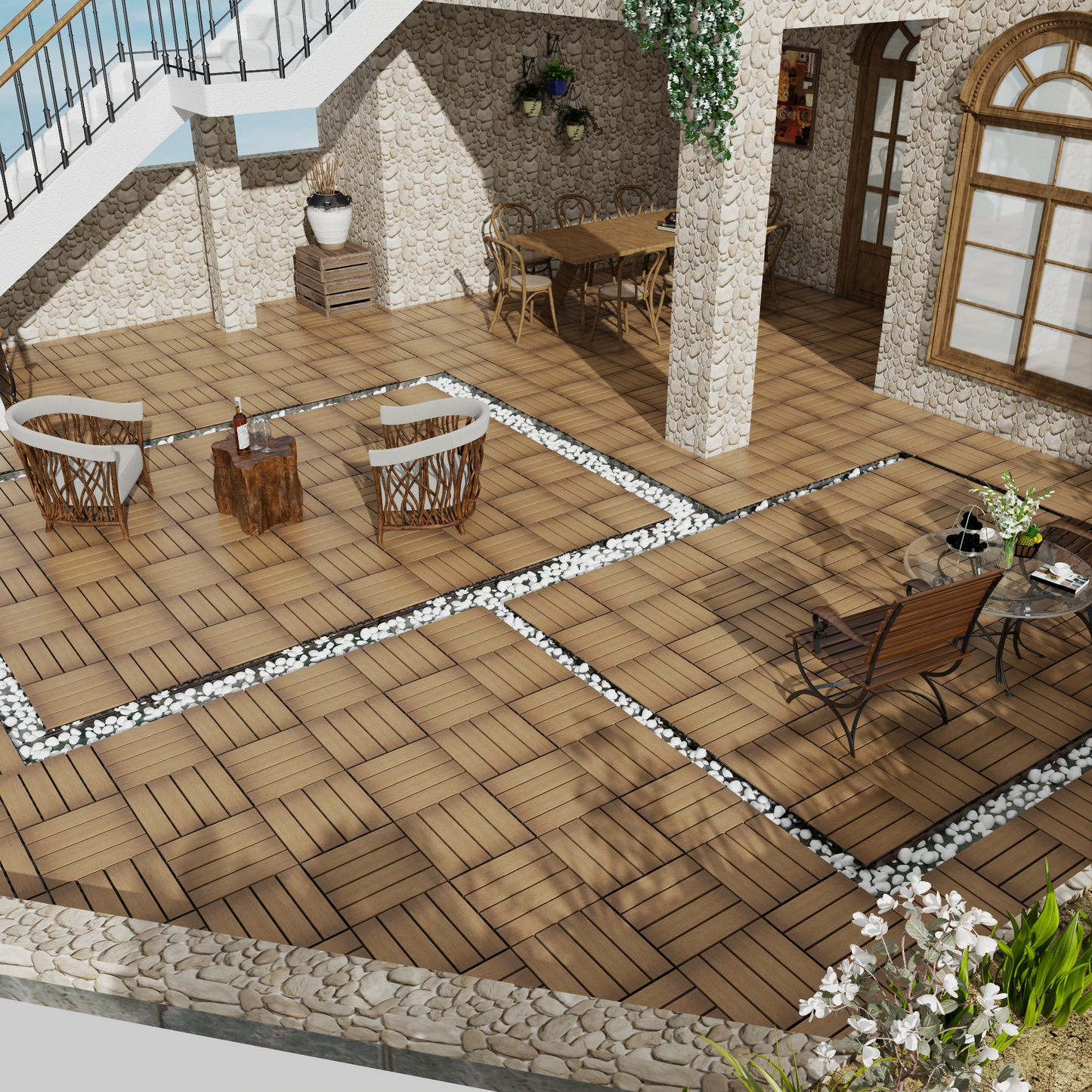 Woven patio chairs with white cushions arranged on a wooden deck suggesting outdoor seating