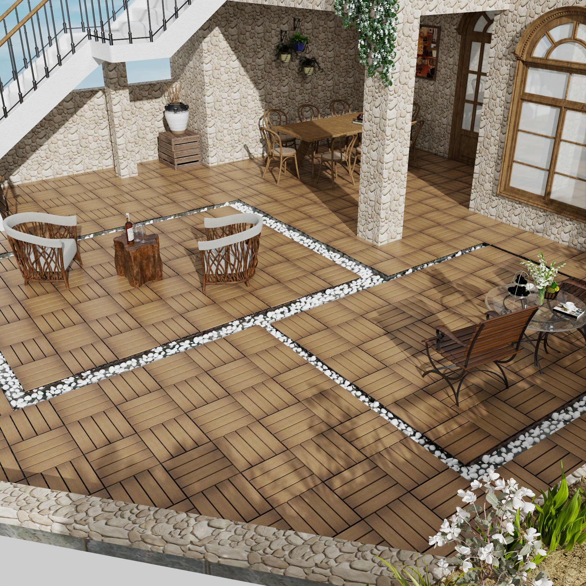 Woven patio chairs with white cushions arranged on a wooden deck suggesting outdoor seating
