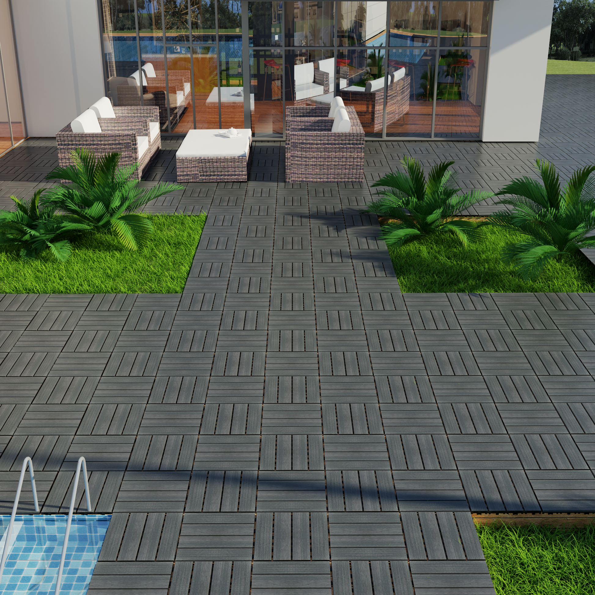 Grey composite decking tiles with a wood grain texture on an outdoor patio