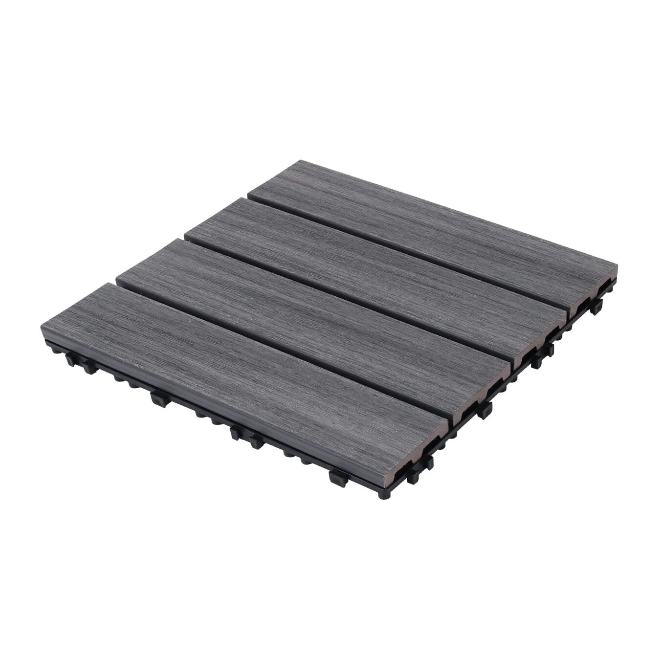 Four grey composite deck tiles with interlocking edges for easy installation