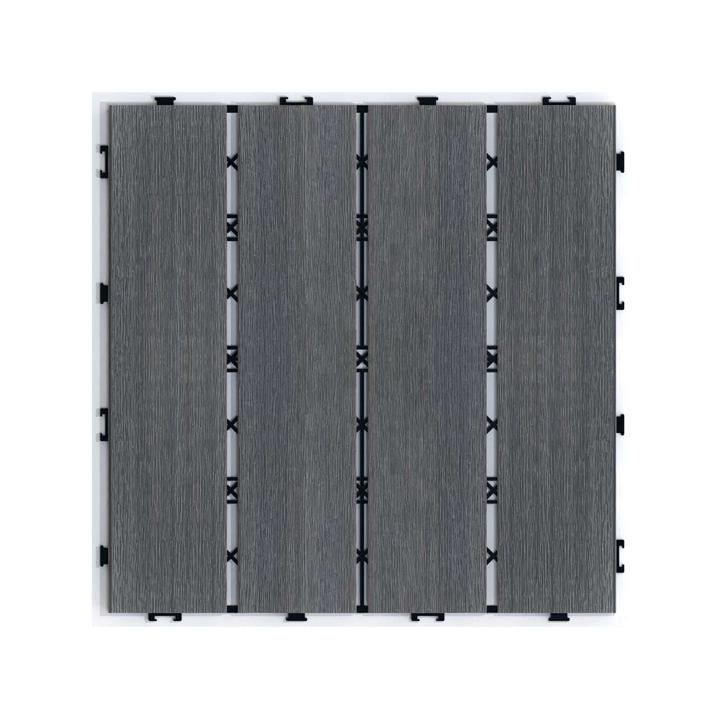 Four dark gray composite decking tiles with wood grain texture
