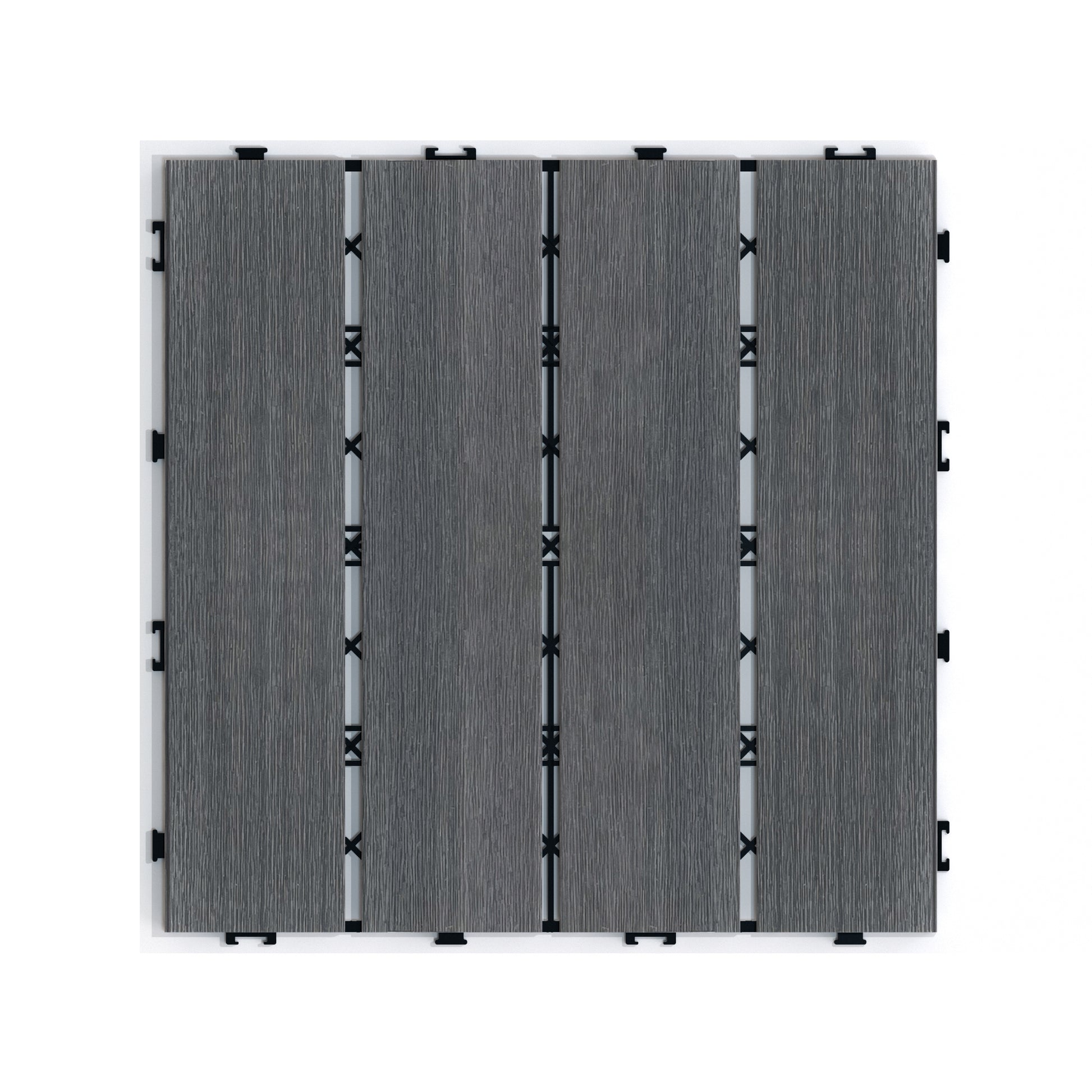 Four dark gray composite decking tiles with wood grain texture