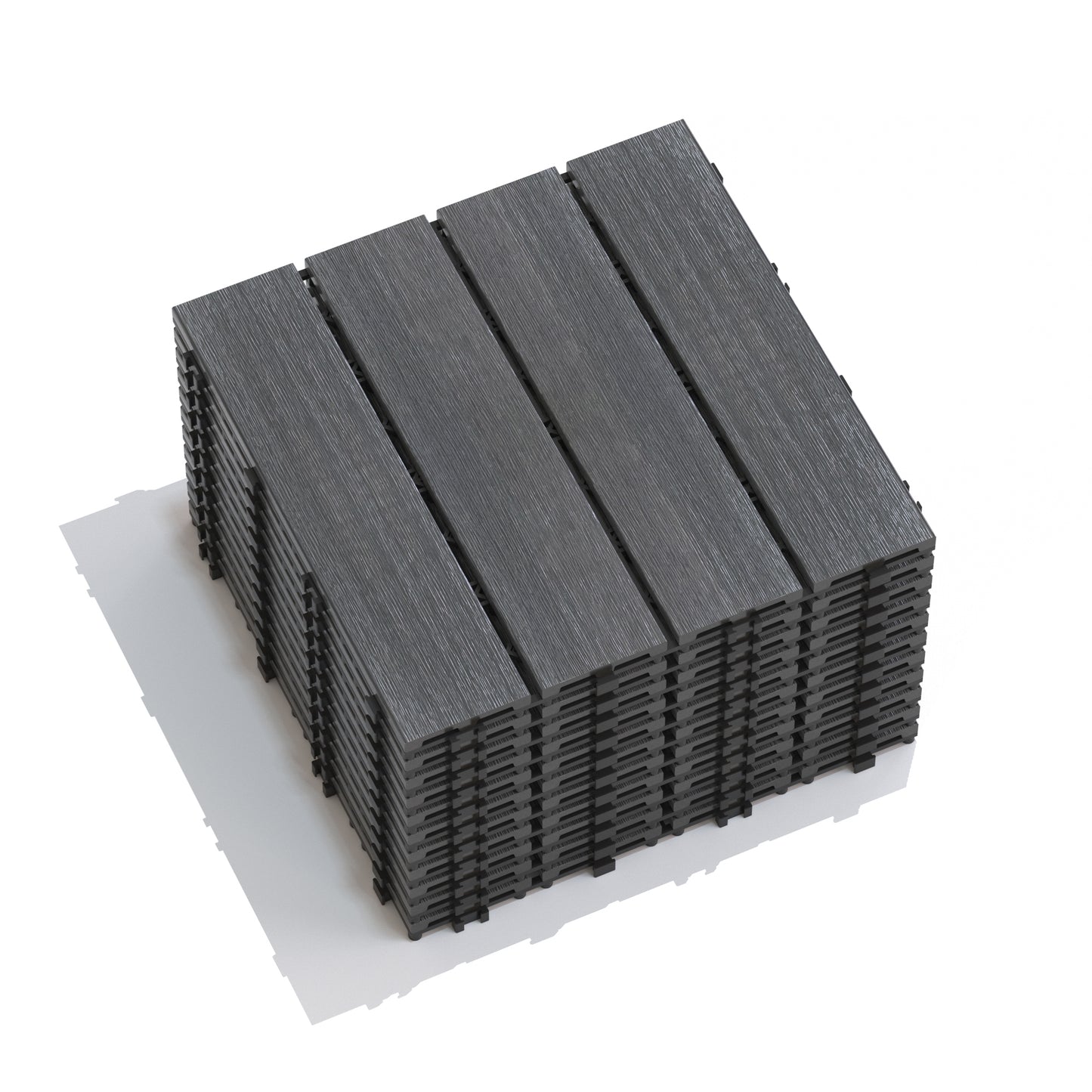 Stack of charcoal grey composite deck tiles with wood grain texture